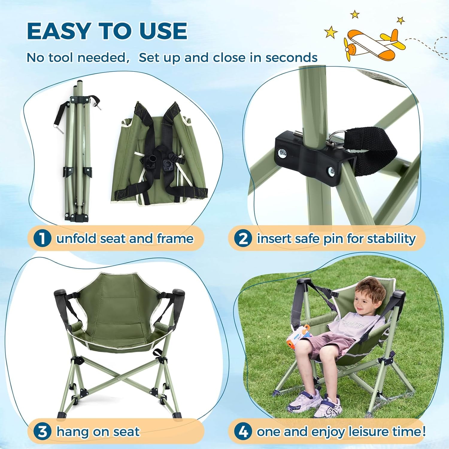 Kids Hammock Chair with Stand, Adjustable Folding Portable Chair for Camping Travel and Patio, Green, Supports 135 Lbs