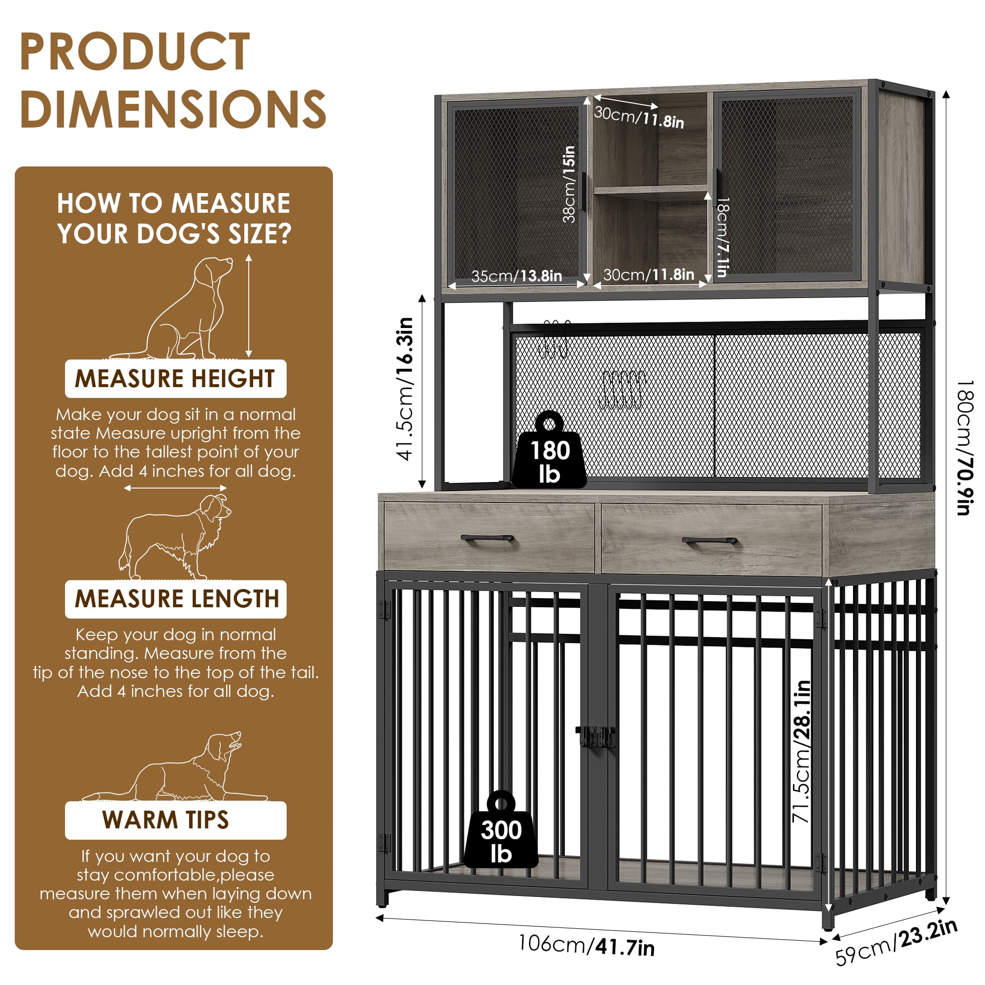Hiphuta 71" Tall Dog Crates Furniture, Indoor Dogs Kennel Furniture with Hutch, 42"W Dog Cage Furniture for Large/Medium Dogs, Decorative Sturdy Pet House, Ash Gray