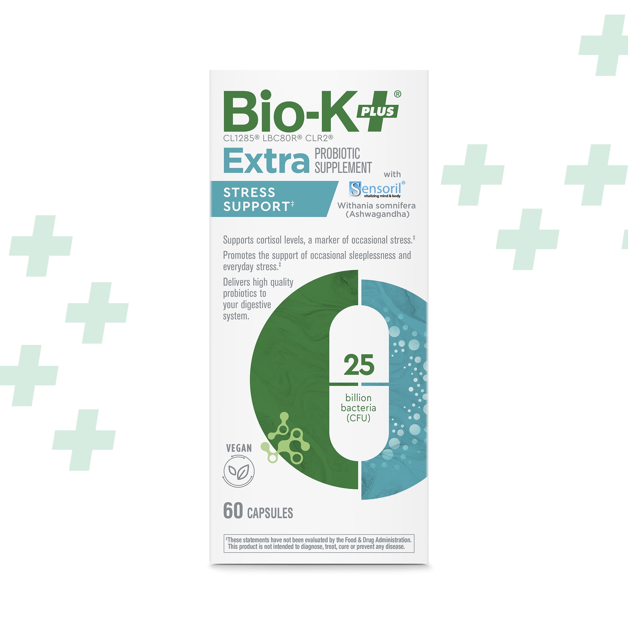 Bio-K+ Extra Stress Support Probiotic Capsules, Shelf Stable, 25 Billion CFU, 60 Count
