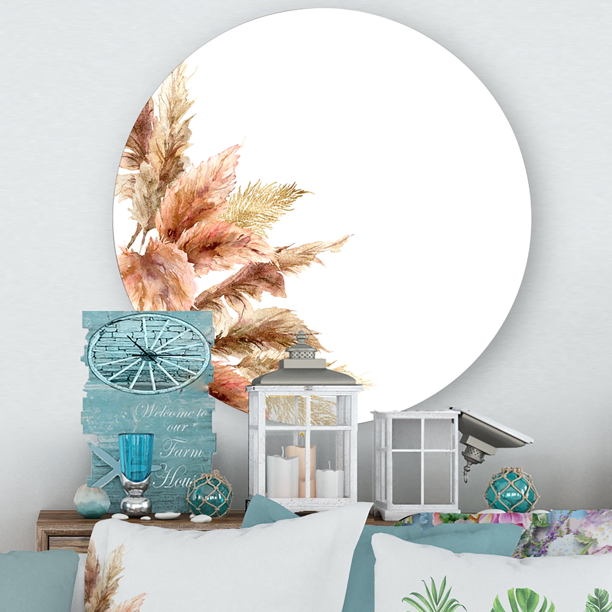 Designart 'Exotic Dry Pampas Grass On White Background' Traditional Circle Metal Wall Art 23x23 - Disc of 23