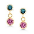 thumbnail image 2 of Gem Stone King 14K Yellow Gold Pink Moissanite and Blue Diamond Drop Dangle Earrings for Women (0.66 Cttw, Gemstone Birthstone, Round 4MM and 3MM), 2 of 4