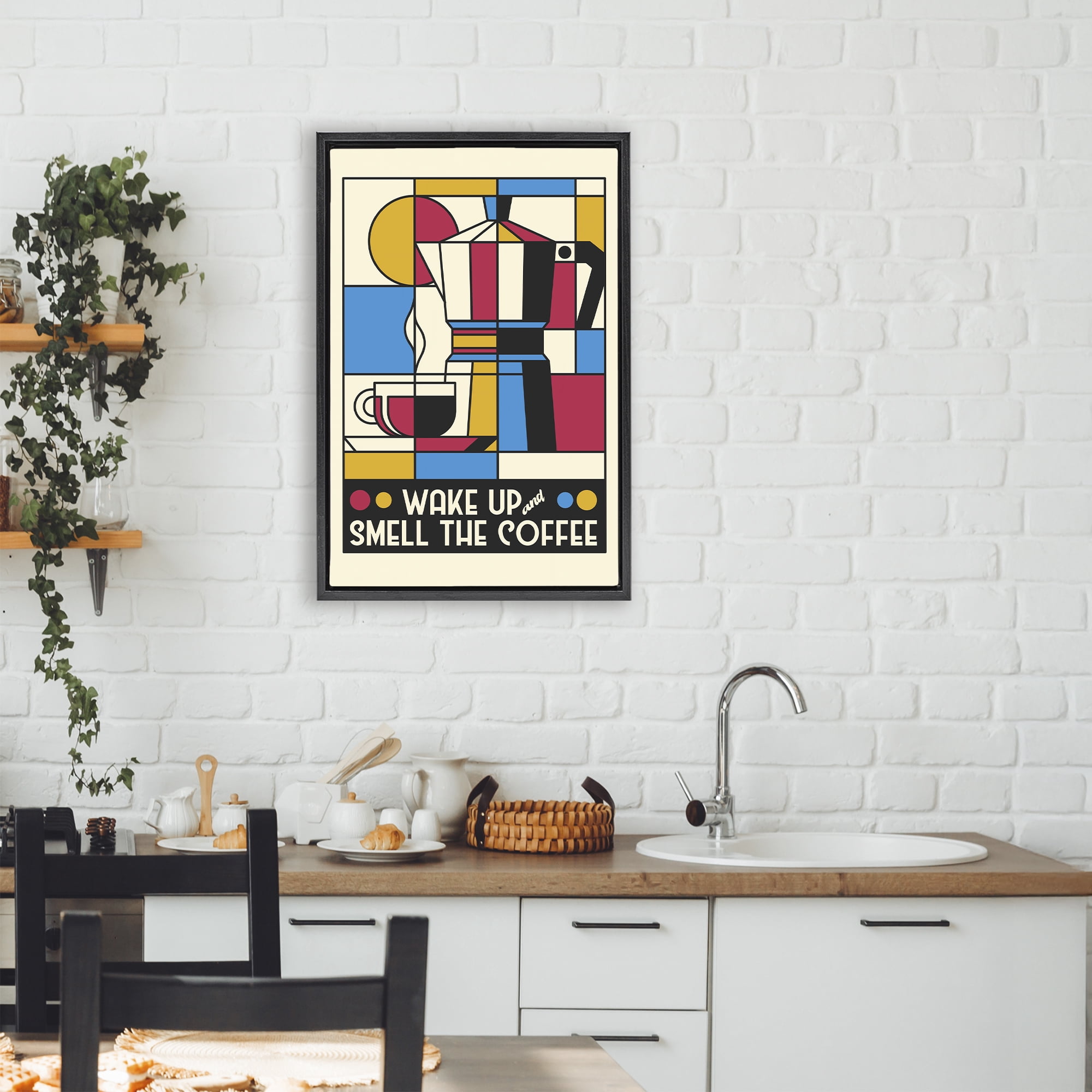 Stupell Industries Retro Wake Up & Smell Coffee Black Framed Floater Canvas Wall Art, design by Tobe Fonseca