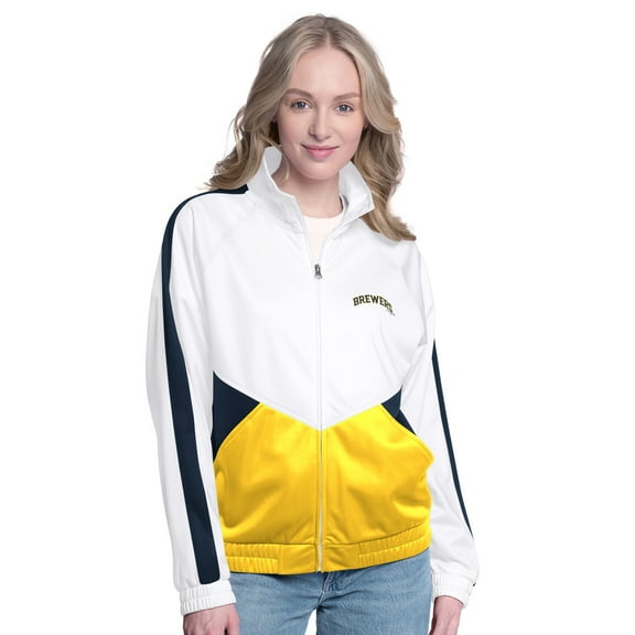 Women's-G-III Sports by Carl Banks White/Navy Milwaukee Brewers Rally Rhinestone Raglan Full-Zip Track Jacket