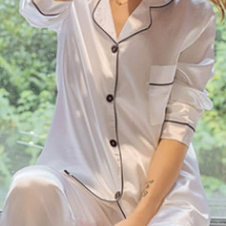 

OUTAD Pajamas Ladies Silk Satin Pajamas Set Button Pajamas Home Service Long-sleeved Pajamas Spring And Summer Imitation Silk Set
