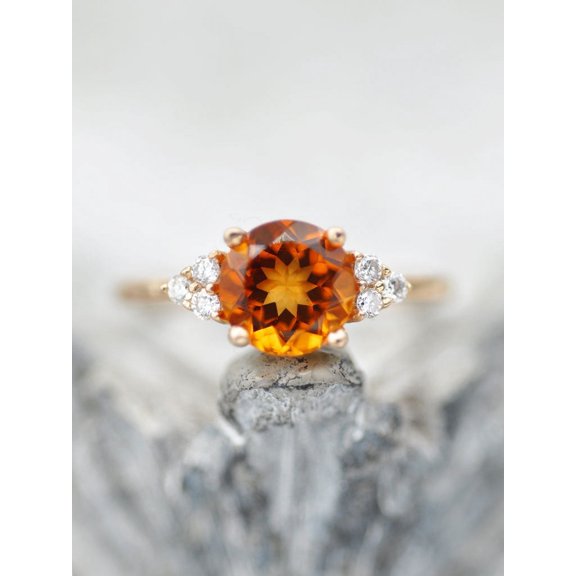 Natural Yellow Citrine Round Cut Gemstone 925 Sterling Silver Woman Ring