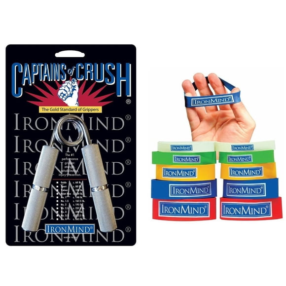 Juego de fortalecedor de agarre Captains of Crush bidireccional IronMind: pinza de entrenamiento CoC (100 lb) y bandas para expandir su mano