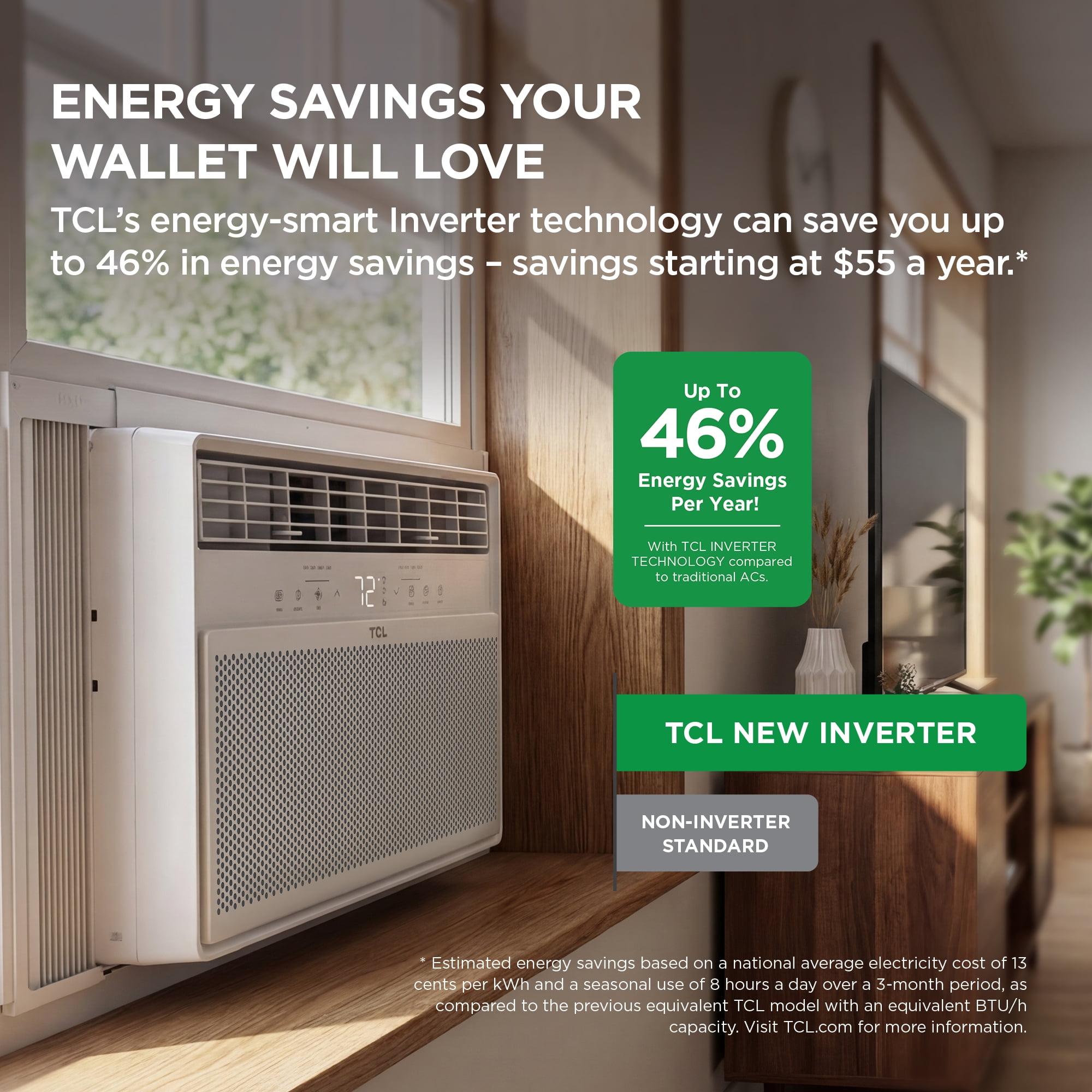 TCL 14,000 BTU Smart Inverter Window Air Conditioner (White) - 700 Sq ft with up to 46% Energy Savings, Quiet Cooling Tech, 3-in-1 Cooling, Fan & Dehumidifier, Matter Wi-Fi, Remote Control - W14WC72