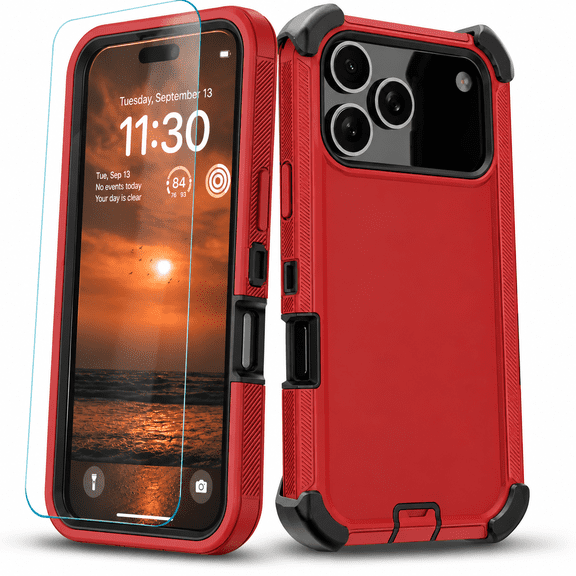 Starshop iPhone 18 Pro Max Phone Case Cover Shockproof Heavy Duty Rugged Case With Glass Screen Protector - Red