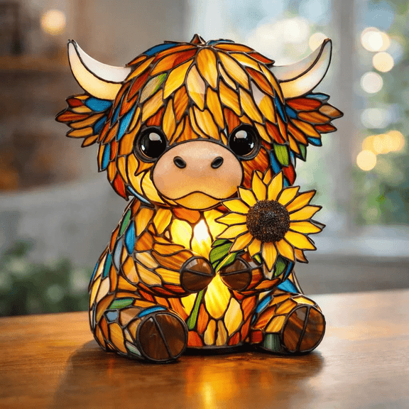 Handcrafted Sunflower Highland Cow Lamp,Style Stained Glass Table Lamp,Cute Highland Cow Night Light,Rustic Farmhouse Home Anima Decor Lighting for Living Room, Bedroom