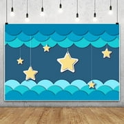 Hanging Stars with Clouds Backdrop Banner for Kids Paper Cut Style Twinkle Little Star Blue Ocean Waves Nursery Room Wall Decor Background Boy Girl Newborn Birthday Party Decorations