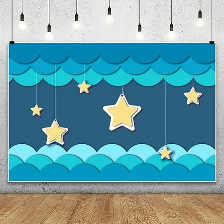 Hanging Stars with Clouds Backdrop Banner for Kids Paper Cut Style Twinkle Little Star Blue Ocean Waves Nursery Room Wall Decor Background Boy Girl Newborn Birthday Party Decorations