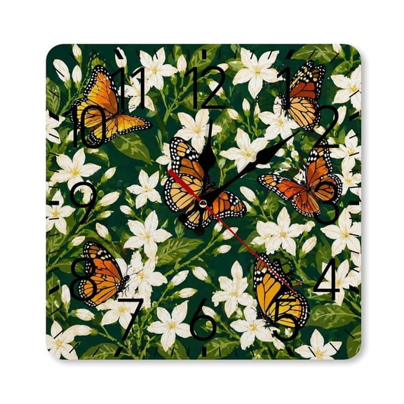 RKSupls 10×10inch Square Silent Wall Clock Wooden Frame, Jasmine Monarch Butterfly Scale Decorative Clock for Home Bedroom Living Room Office