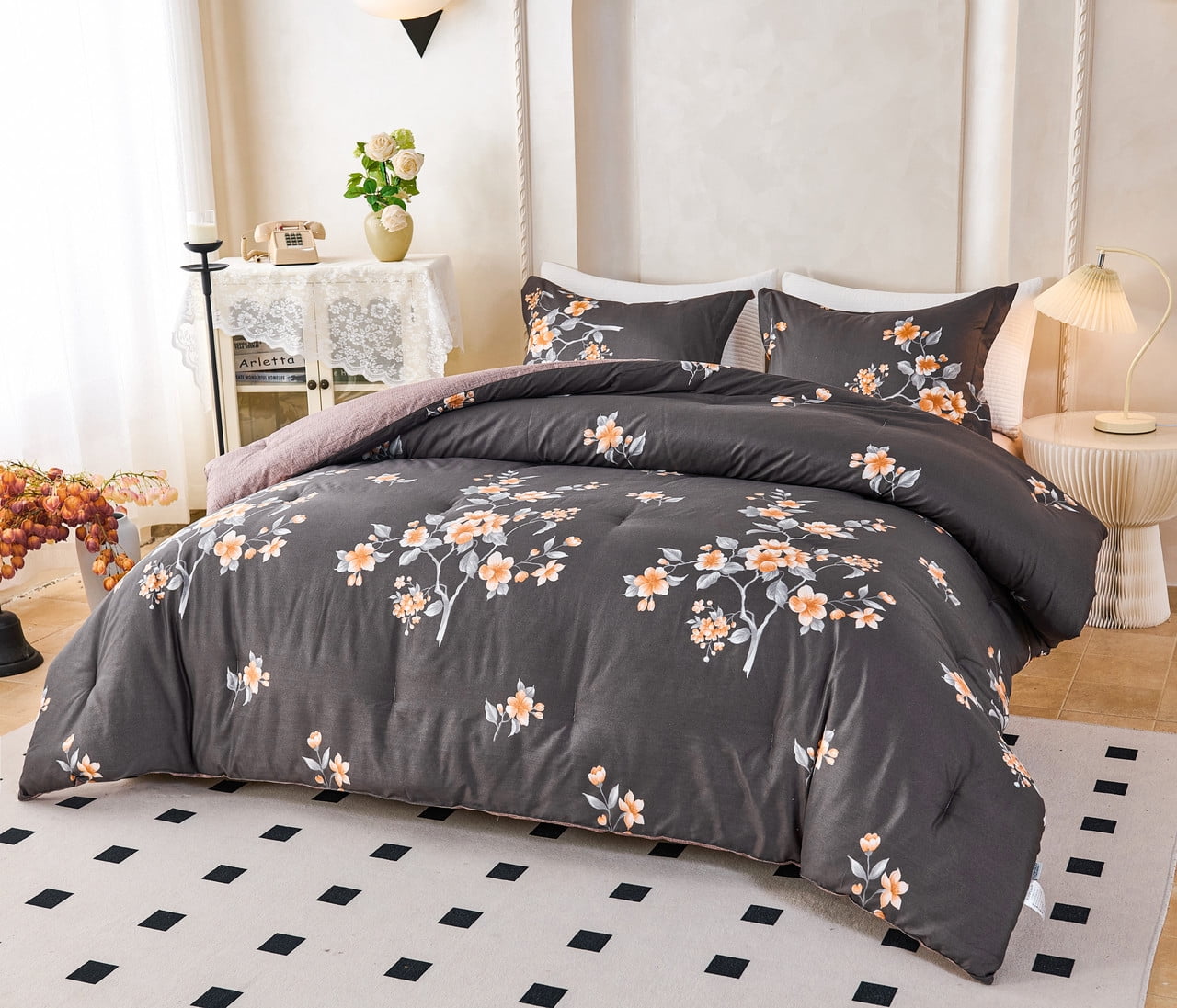 Koniroom 3Pcs Dark Grey Floral Comforter Set Queen Size – Reversible Blossom Bedding with Orange Flower Blooms, Modern Glam