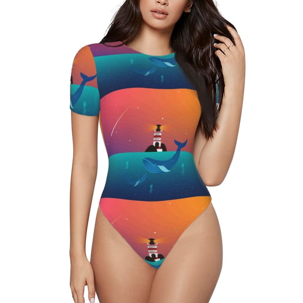 Balery Lighthouse and Whale Body de cuello redondo de manga corta para mujer Tops de manga corta Tops básicos-Small