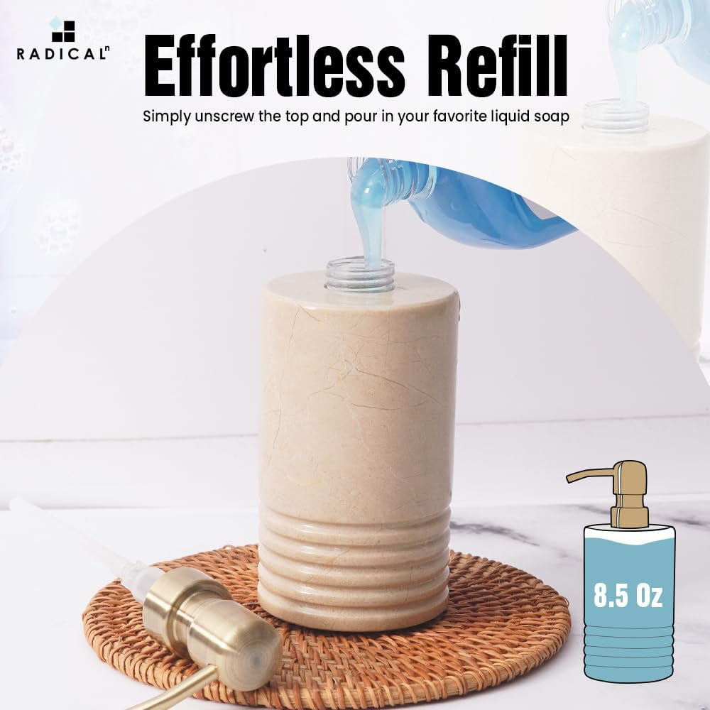 Radicaln Marble Liquid Soap Dispenser 7.5" inches Verona Handmade Hand Soap Dispenser for Kitchen Decor - Dish Soap, Soap Dispenser & Hand Pump - Bathroom Soap Dispenser Set