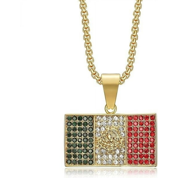 NEGS 18K Gold Plated Mexico Flag Pendant 24'' Chain Punk Rock Stainless Steel Necklace for Men Women