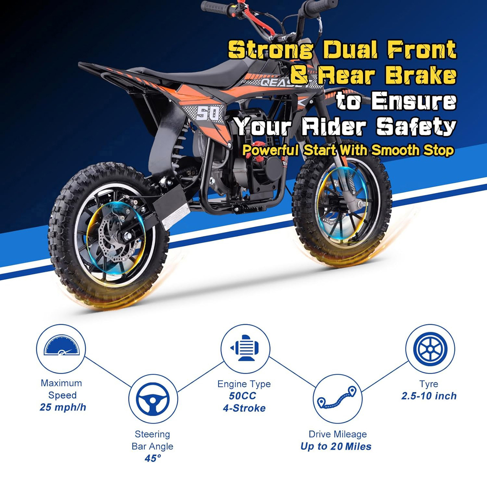 QEASET Gas Mini Dirt Bike, 39.4 CC 4-Stroke Dirt Bike, Rear Shock Absorber, Metal Frame, Disc Brakes, Max Load 165Lbs, Up to 20Mph, No Oil Mix Require, Orange