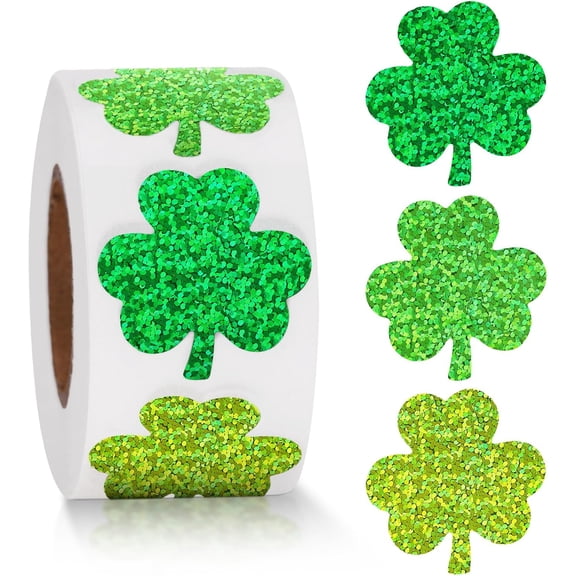 St. Patrick's Day Stickers 500Pcs Holographic Shamrock Stickers 1 Inch 3 Colors Clover Sticker Roll Self-Adhesive Irish Sticker for Envelope Seals Cards St. Patrick's Day Decorations (Green)