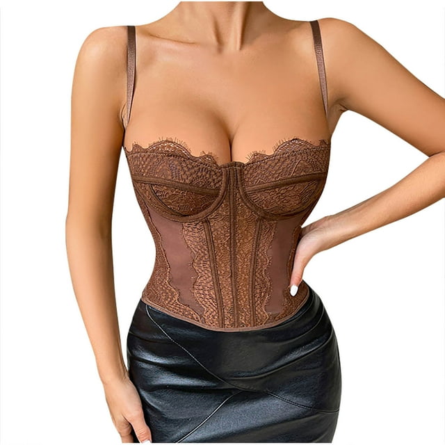 Corset en Dentelle pour Femmes Aguichant Bustier Sans Manches Bretelles Réglables Crop Top avec Crochets Arrière
