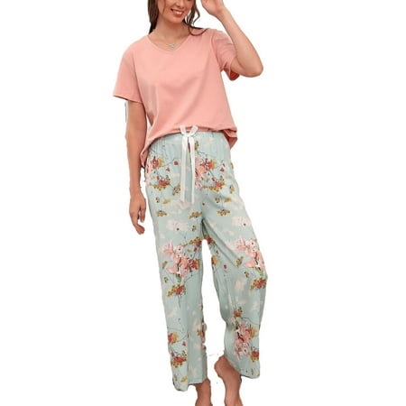 

Round Neck Elegant Floral Pant Sets Multicolor Short Sleeve Women Pajama Sets