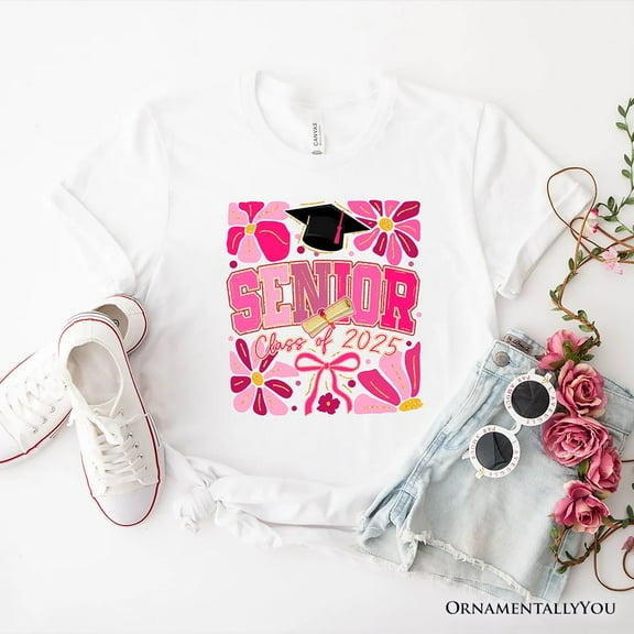 Boho Senior 2025 T-Shirt, Pink Floral Graduation White Tee for Proud and Stylish Students