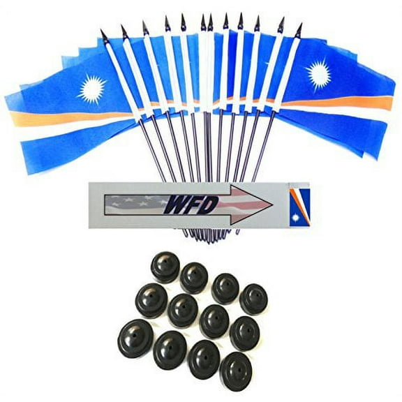 Pack of 12 4"x6" Marshal Islands Polyester Miniature Office Desk & Little Table Flags, 1 Dozen 4"x 6" Marshal Islander Small Mini Handheld Waving Stick Flags with 12 Flag Bases (Flags with Stands)