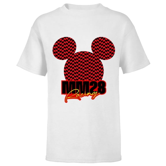 Disney Mickey Mouse MM28 Racing Checkered Flag Race Car Icon - Short Sleeve T-Shirt for Kids - Customized-White