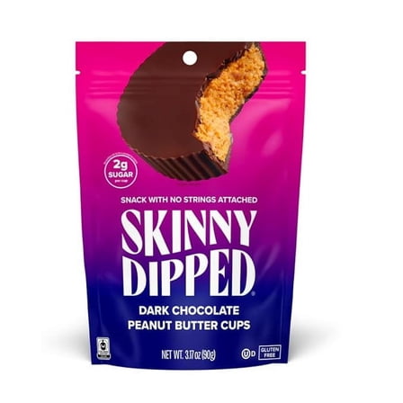 1x SkinnyDipped Dark Chocolate Peanut Butter Cups, 2g Sugar per Cup, Keto Friendly, No Stevia, Gluten Free, 3.2oz, 1 Pack (6 Cups Total)