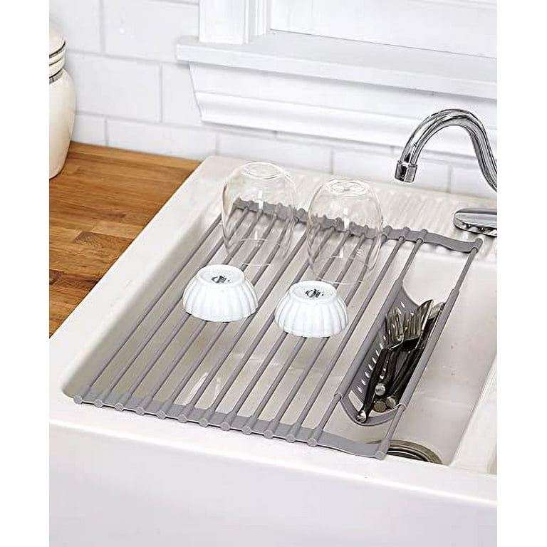 Simple Houseware Large Over Sink Counter Top Dish Drainer Drying Rack with Drying  Mat and Utensil Holder,Chrome 