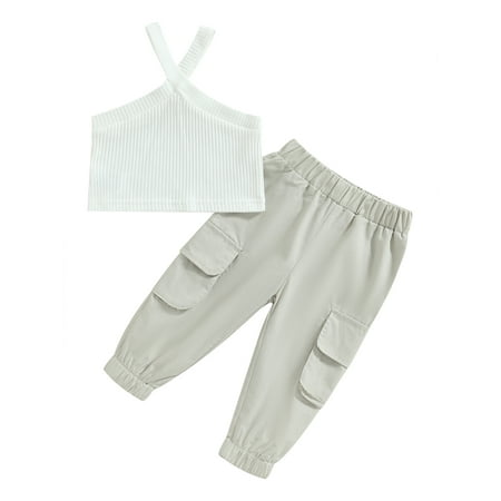 

2 Pcs Toddler Baby Girl Summer Sleeveless Off Shoulder Ribbed Vest Crop Tops High Waist Casual Jogging Pants Outfit Set