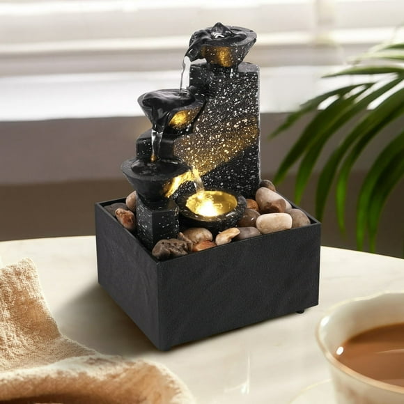 AMERTEER Indoor Water Fountain Tabletop Fountain 4 Level with Audible Calming Waterfall Sounds with Soft Lights