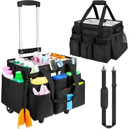 Large Rolling Cleaning Caddy Bag with Detachable TrolleyCleaning Cart on Wheels with Shoulder Strap Cleaning plies Organizer for Housekeepers Black