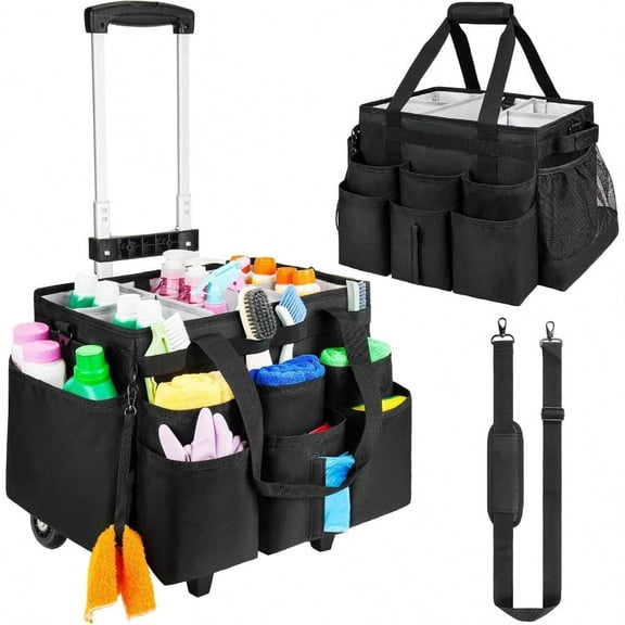 Large Rolling Cleaning Caddy Bag with Detachable TrolleyCleaning Cart on Wheels with Shoulder Strap Cleaning plies Organizer for Housekeepers Black