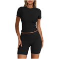 thumbnail image 2 of 2 Piece Outfit for Women,Women Two Piece Set Solid Short Sleevele Round-Neck Blouses Shorts Elastic Waist Sets, 2 of 6
