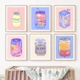thumbnail image 2 of Póster con impresión en HD de latas de leche de plátano y sudor de coral, arte de pared de melocotón, pintura en lienzo, latas de dibujos animados, decoración del hogar de la sala de té real, 2 of 5