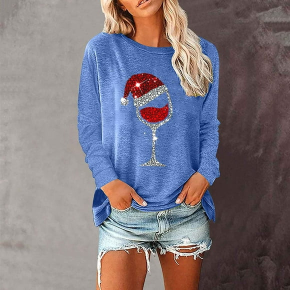 jsaierl Womens Christmas Sweatshirts Round Neck Long Sleeve Shirts Christmas Glass Graphic Tops Hippie Graphic Blouse Tee Xmas Pullover