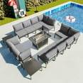 thumbnail image 3 of Gotland 12-Seater Patio Furniture Set with 43in Gas Fire Pit Table - Modern Outdoor Metal Sectional Sofa with 55,000 BTU Propane Fire Pit, Grey Cushions, 3 of 8