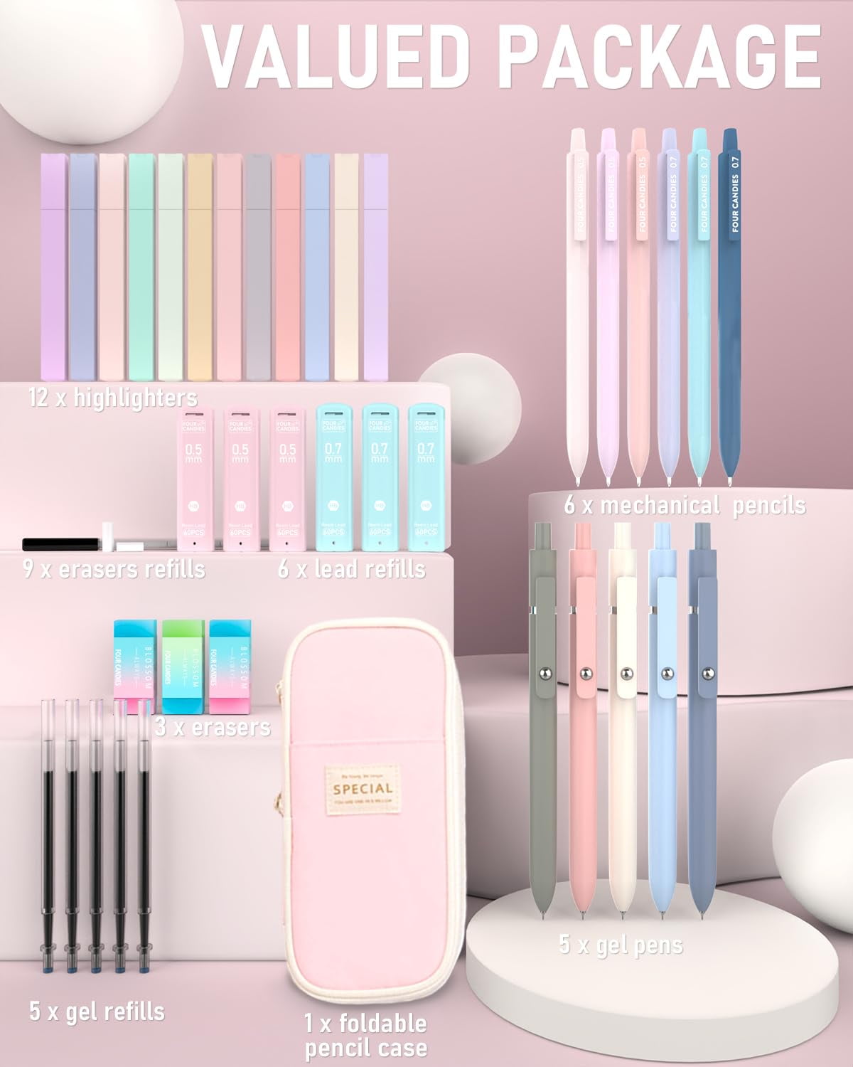 Four Candies 39 PCS Aesthetic School Supplies with Cute Pen Four Candies 39 PCS Aesthetic School Supplies with Cute Pen