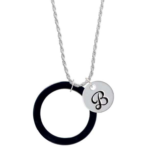 Delight Jewelry Acrylic 1 1/2" Ring Black Silvertone Script Initial Disc - B - Charm Necklace, 20" 3"
