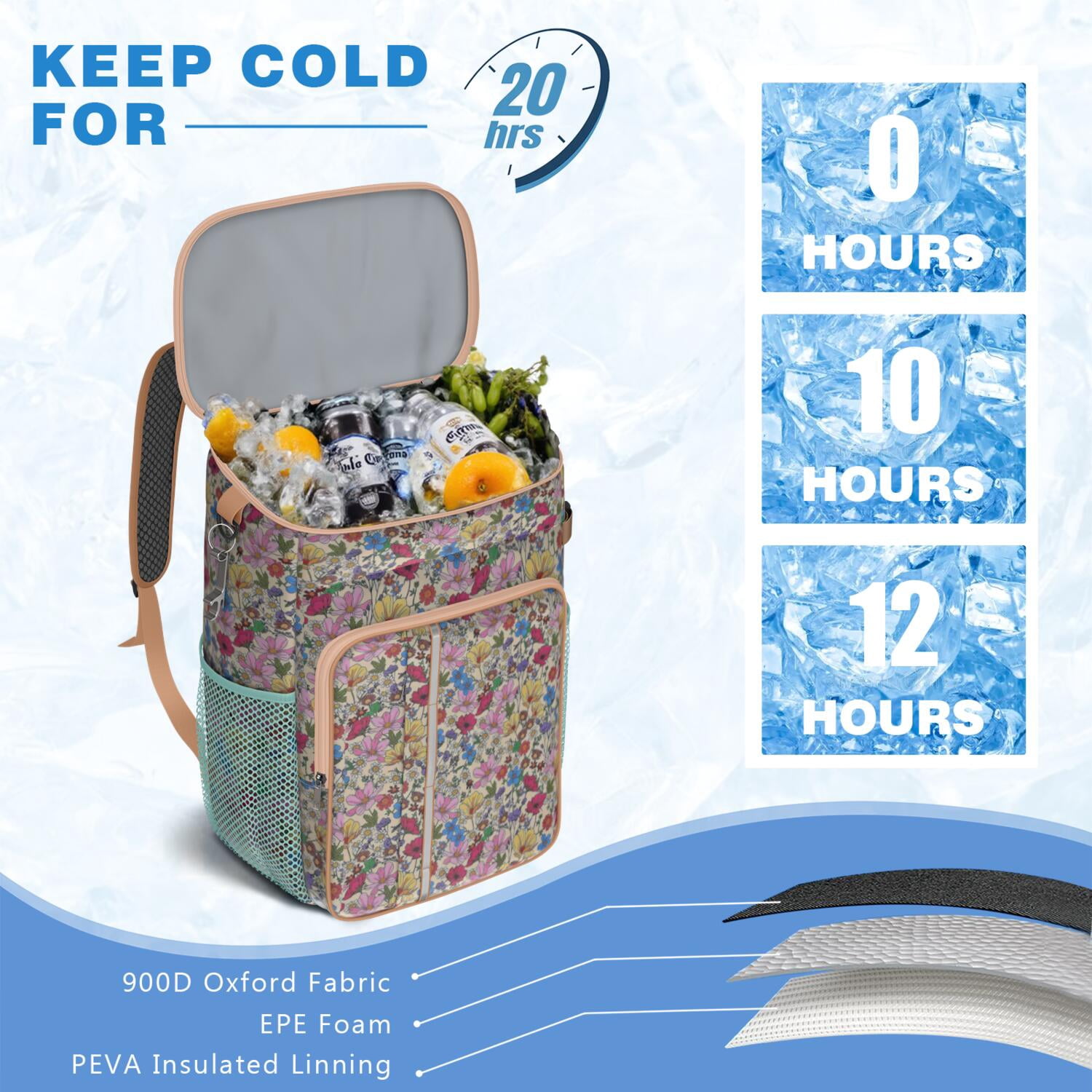 Travel Cooler Bag - Pioneer Flower Camping Beer Cooler Backpack with Bottle Opener- Waterproof Insulated Picnic Backpacks - Cooler Bag for Beach