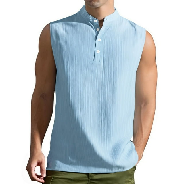 aidice Summer Tops for Men Button Notched V Neck Sleeveless Loose T Shirts Casual Workwear Tank Tops