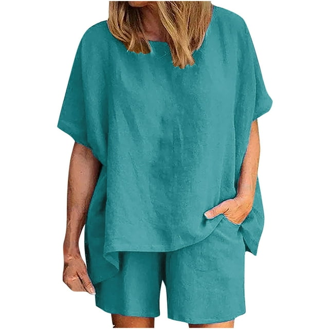 Yuyuzo Ensemble 2 Pcs pour Femmes en Lin, Haut à Manches Courtes Col Rond Oversize Taille Haute avec Poches