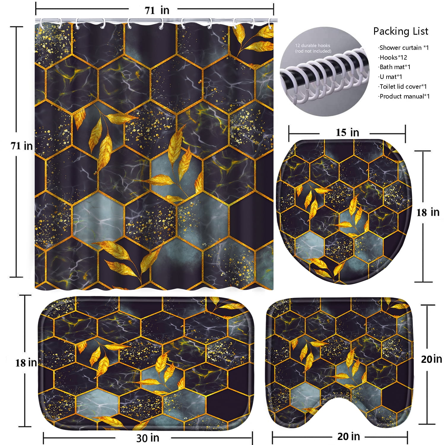 Poedist 4Pcs Marble Bathroom Sets with Shower Curtain and Rugs, Marble Shower Curtain Set with Non-Slip Rugs,Toilet Lid Cover,Bath Mat and 12 Hooks,71 x 71 Inch, Black Honeycomb Marble