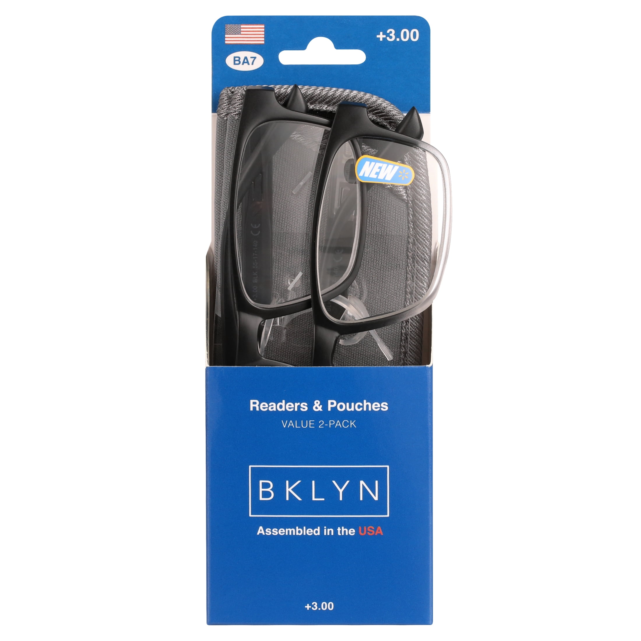 Bklyn, Nostrand +3.00, Adult, Mens, Plastic Reading Glasses & Pouches Value Pack , 2 Ea