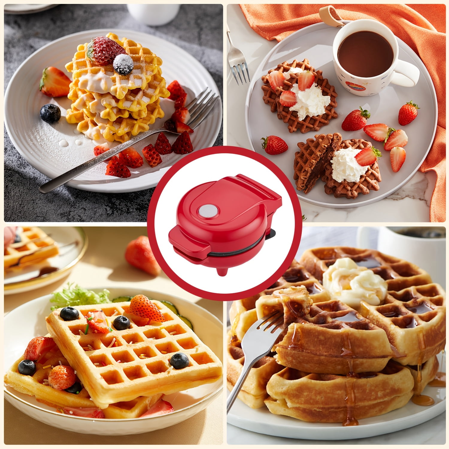 Mini Waffle Maker, 4.5" Non-Stick Griddle, 550W Fast Cooking Under 4 Mins, Perfect for Breakfast Brunch Lunch Snacks, Red