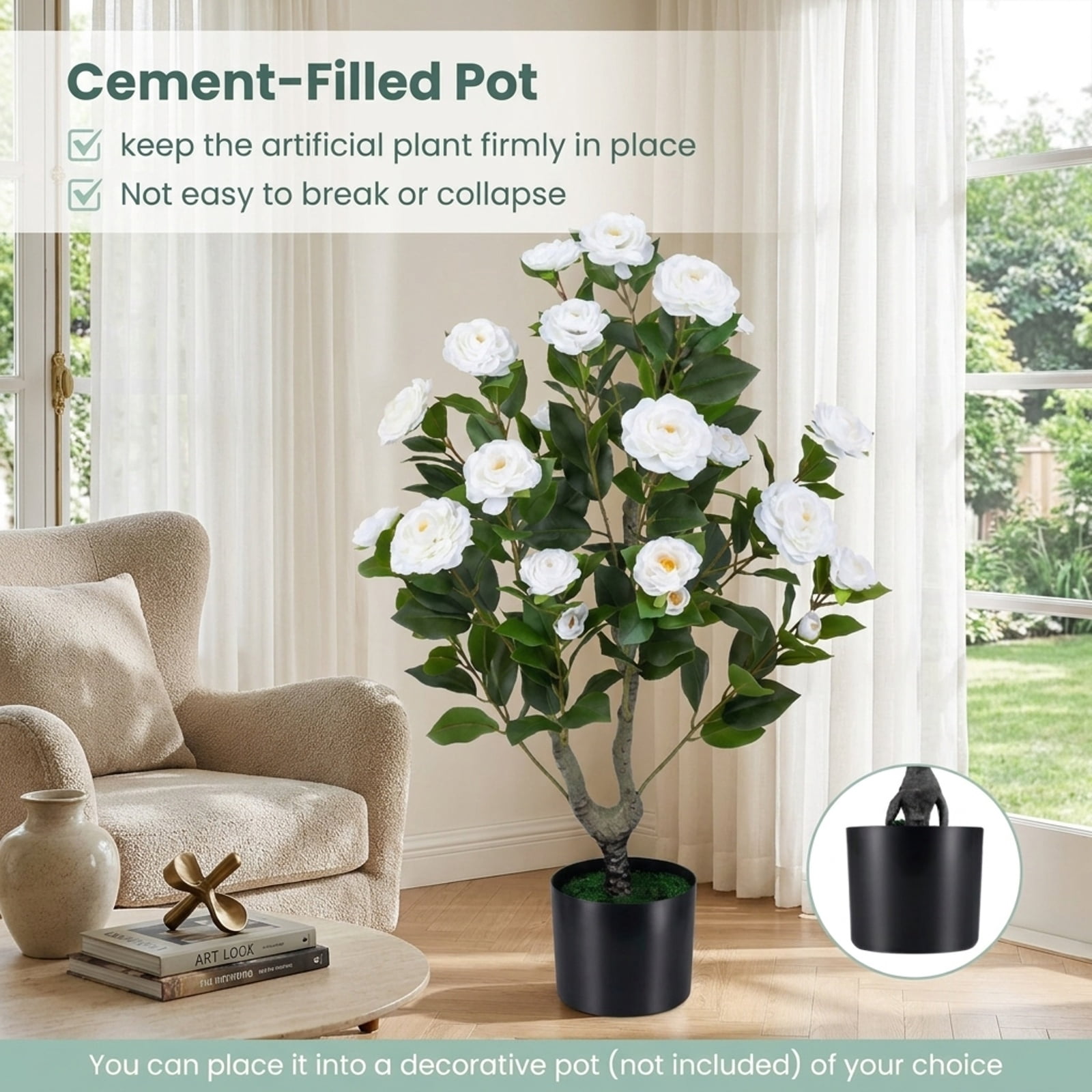 Vebreda Artificial Plant Decor, Artificial Camellia Tree Faux Flower Plant in Cement-Filled Pot, Lifelike & Elegant Design, Selected PE Materials