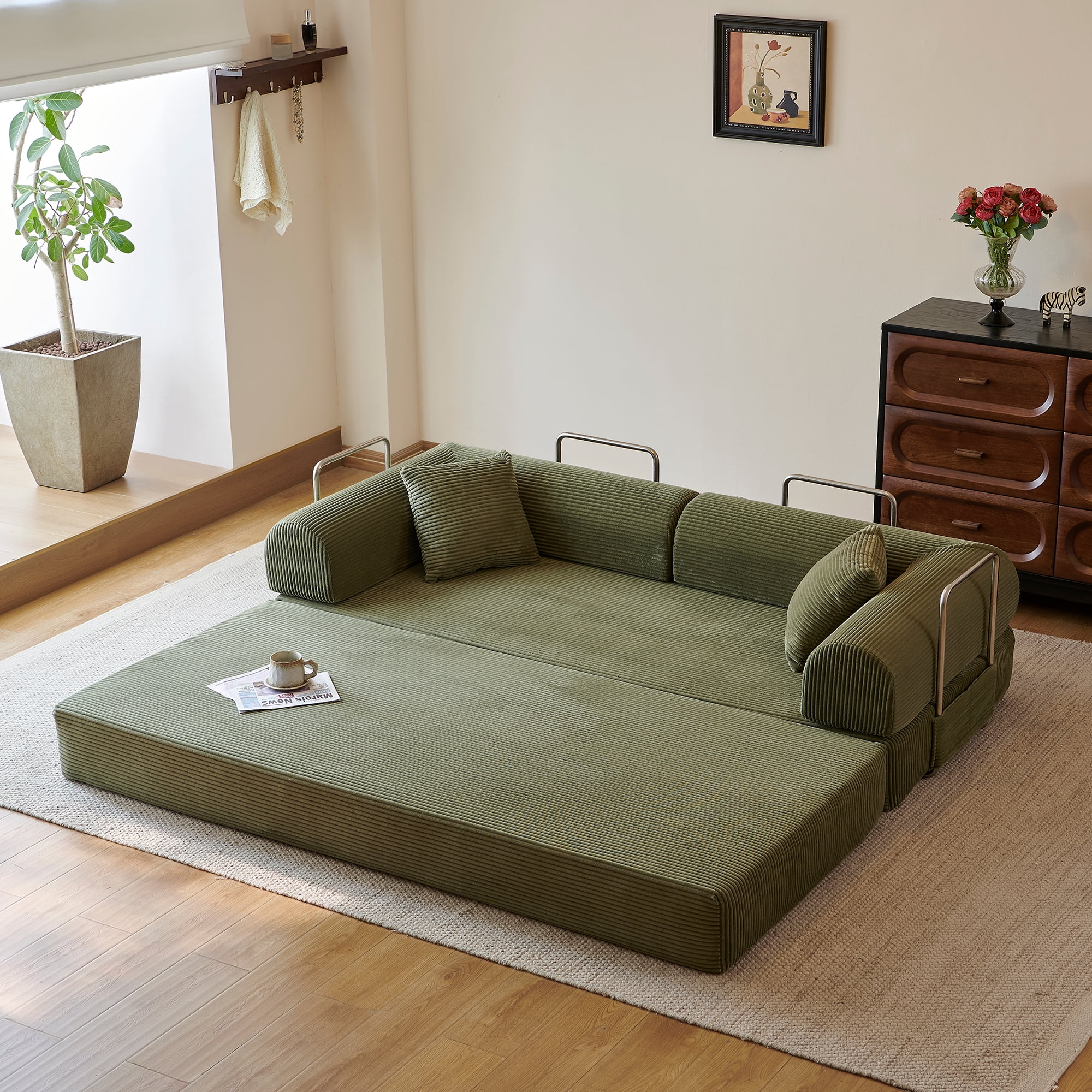 Howcool 79" Boneless Sleeper Sofa Bed, 2-in-1 Pull Out Convertible Loveseat Couch with 2 Throw Pillows, Corduroy Futon Floor Sofa for Living Room, No Assembly Required, Green