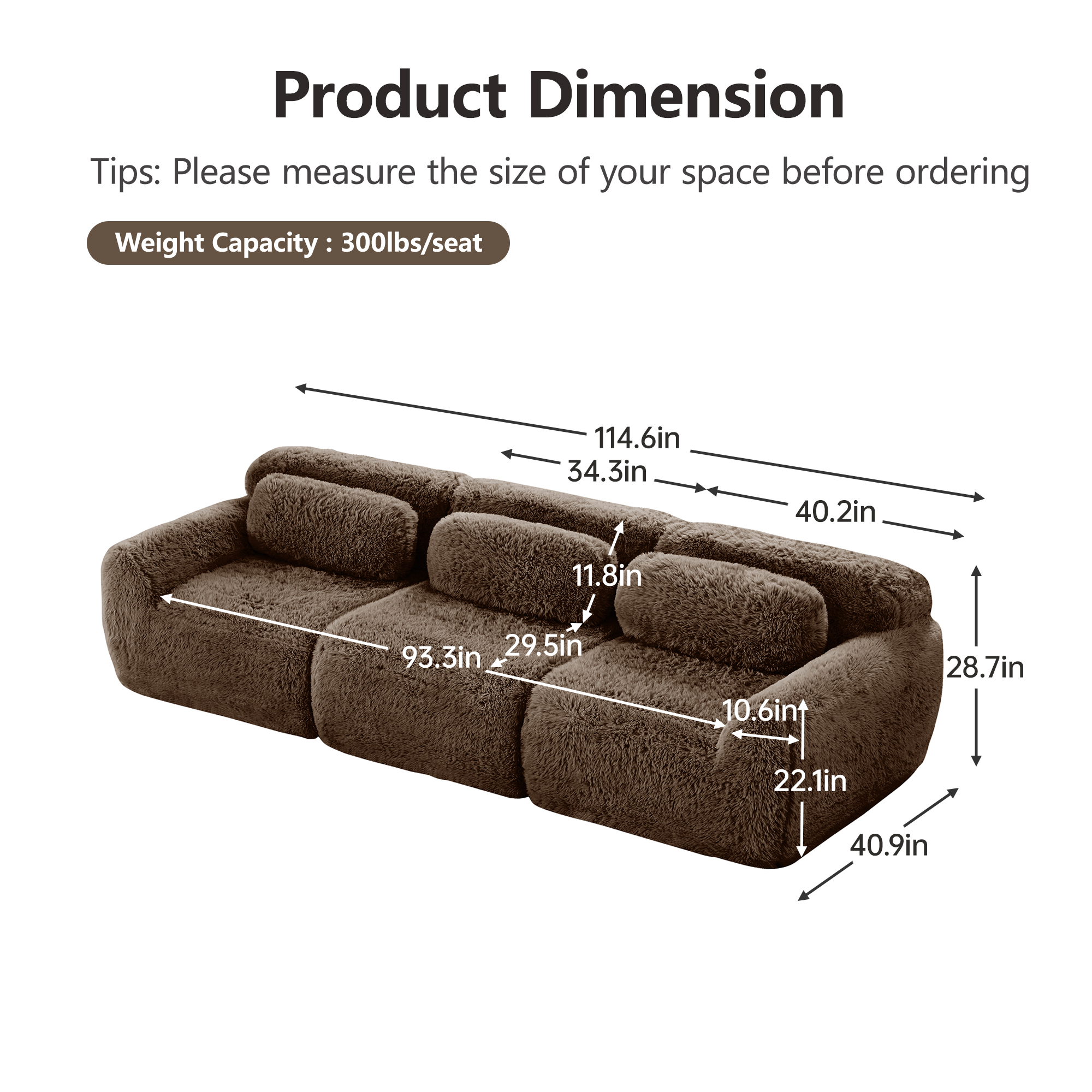 Aukfa 115" Faux Fur Modular Sectional Sofa, 3-Seater Deep Seat Boneless Couch for Living Room, Brown