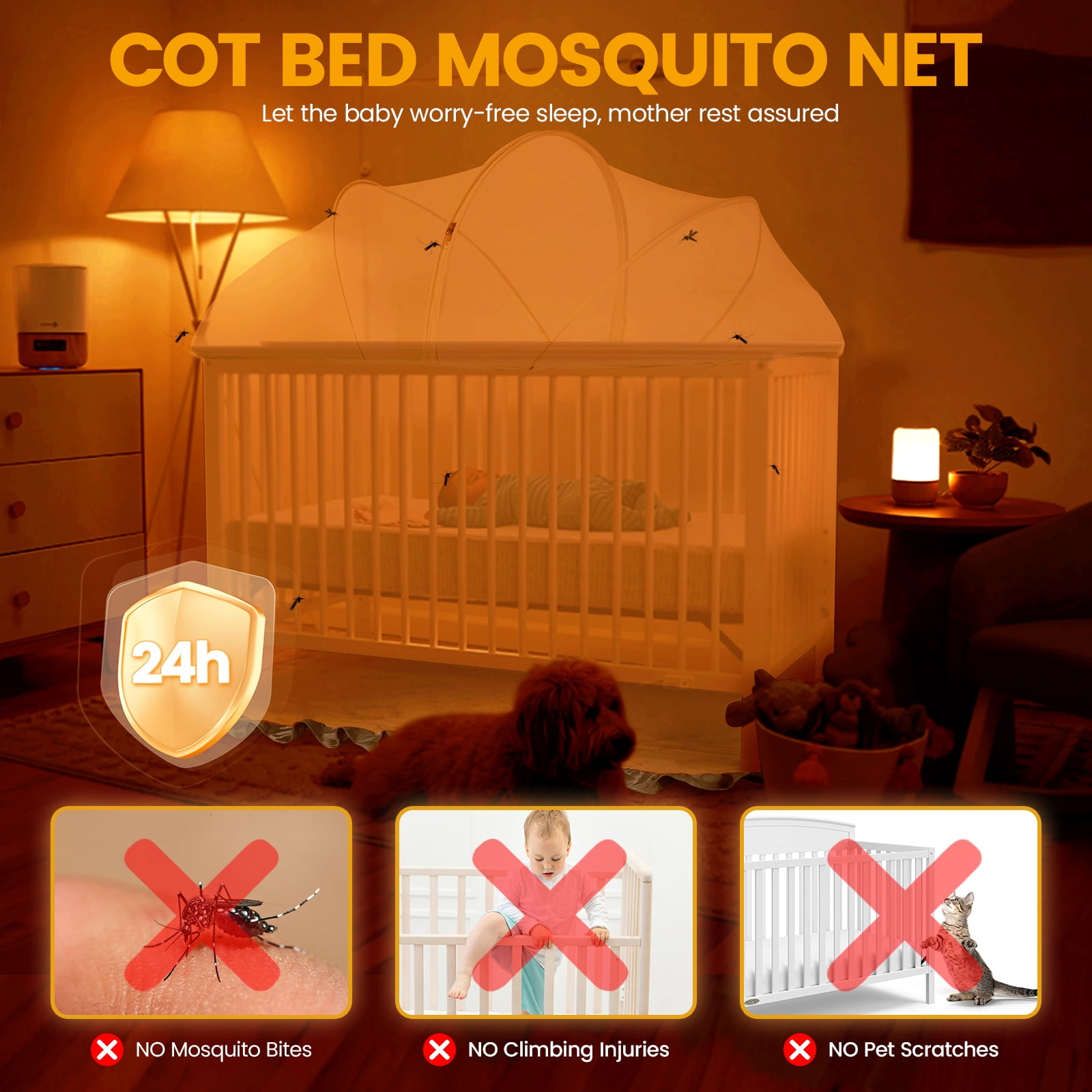 Orzbow Mosquito Net for Crib, Encrypted Baby Toddler Crib Tent Full Cover Safety Net, with Two-Way Zippers, Durable, Strong, Keep Baby Infant from Climbing Out, Falls and Mosquito Bites, White