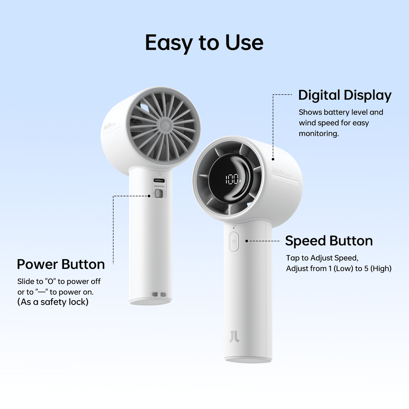 JISULIFE Portable Handheld Fan, Powerful Turbo Mini Fan [28Hrs Max Cooling], Digital Display, 5-Speed, 5000mAh USB Rechargeable for Travel, Summer, Gifts for Women Men